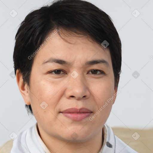 Joyful white adult female with short  brown hair and brown eyes