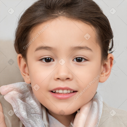 Joyful white child female with medium  brown hair and brown eyes