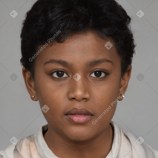 Neutral latino young-adult female with short  brown hair and brown eyes