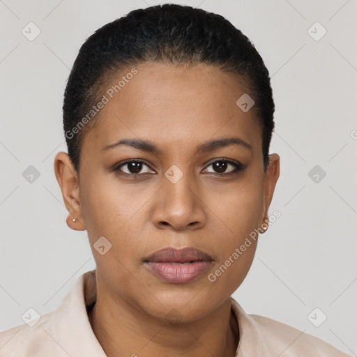 Joyful black young-adult female with short  brown hair and brown eyes