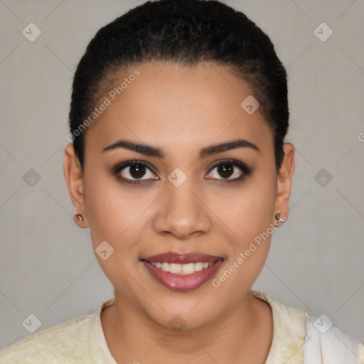 Joyful white young-adult female with short  brown hair and brown eyes