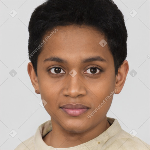 Joyful black young-adult female with short  black hair and brown eyes