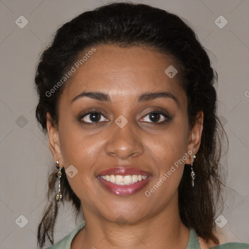 Joyful black young-adult female with medium  brown hair and brown eyes