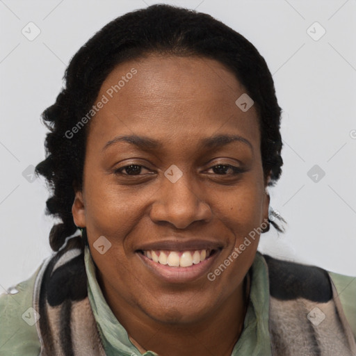 Joyful black adult female with short  brown hair and brown eyes