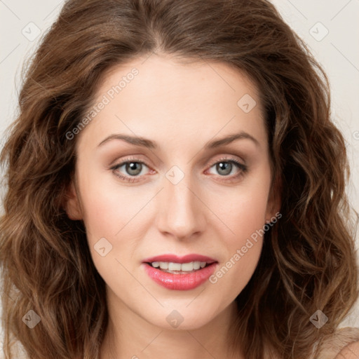 Joyful white young-adult female with long  brown hair and green eyes