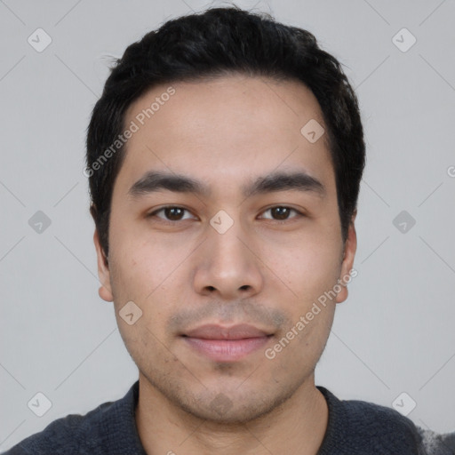 Neutral asian young-adult male with short  black hair and brown eyes