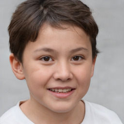 Joyful white child female with short  brown hair and brown eyes