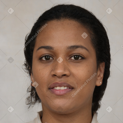 Joyful black young-adult female with medium  brown hair and brown eyes