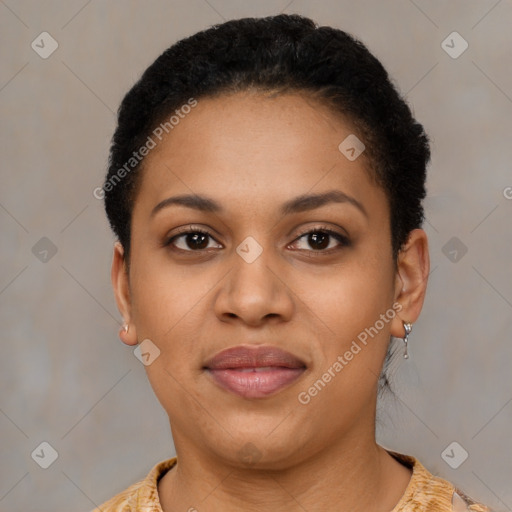 Joyful latino young-adult female with short  black hair and brown eyes