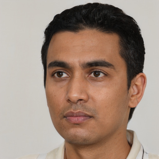 Neutral latino young-adult male with short  black hair and brown eyes