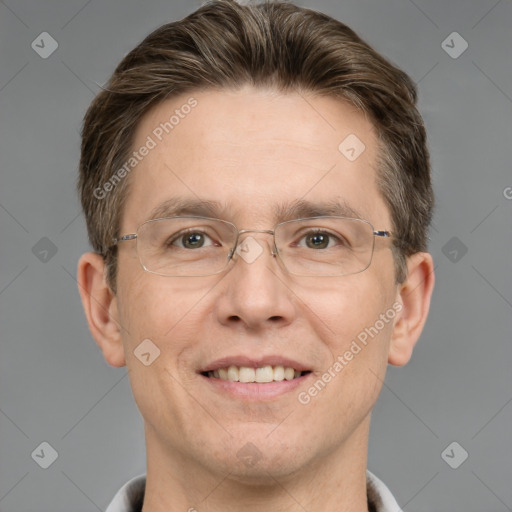 Joyful white adult male with short  brown hair and grey eyes