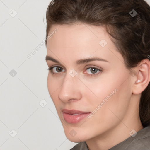 Neutral white young-adult female with short  brown hair and brown eyes