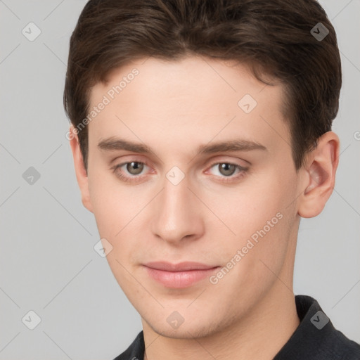 Neutral white young-adult male with short  brown hair and brown eyes