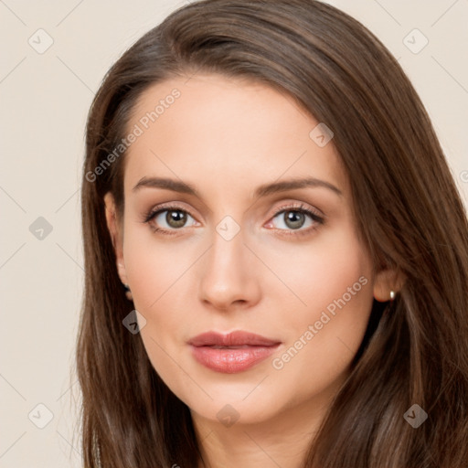 Neutral white young-adult female with long  brown hair and brown eyes