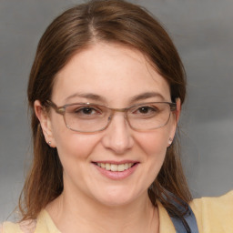 Joyful white adult female with medium  brown hair and blue eyes