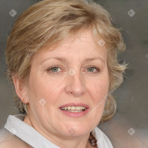 Joyful white adult female with medium  brown hair and blue eyes