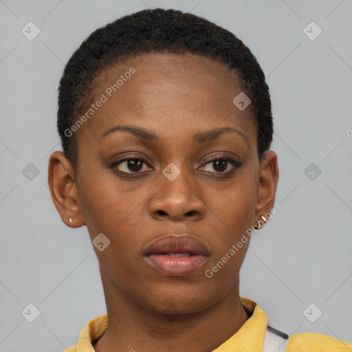 Neutral black young-adult female with short  brown hair and brown eyes