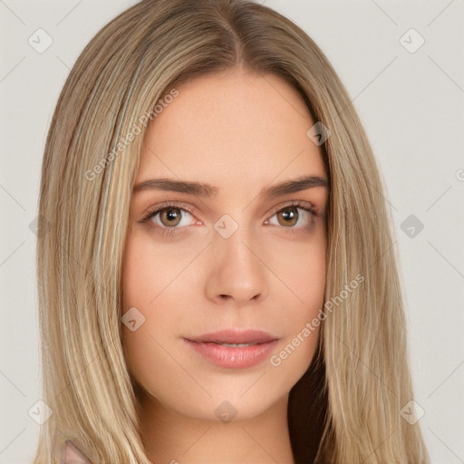 Neutral white young-adult female with long  brown hair and brown eyes