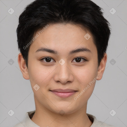 Joyful asian young-adult female with short  brown hair and brown eyes