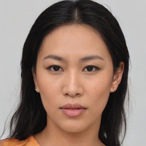 Neutral asian young-adult female with long  brown hair and brown eyes