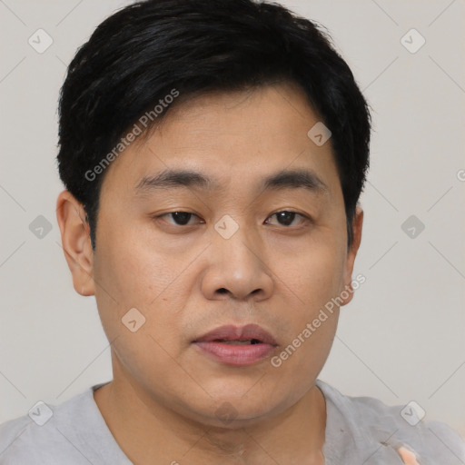 Neutral asian young-adult male with short  black hair and brown eyes