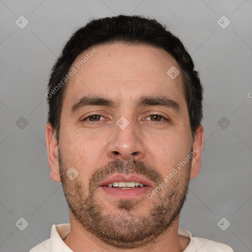 Neutral white adult male with short  brown hair and brown eyes