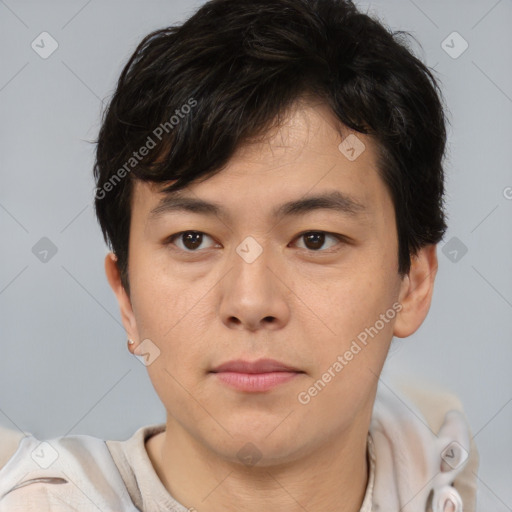 Neutral asian young-adult male with short  brown hair and brown eyes