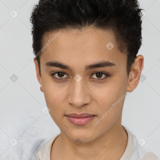 Joyful latino young-adult female with short  brown hair and brown eyes