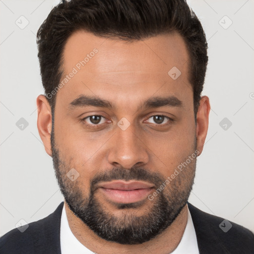 Joyful white young-adult male with short  brown hair and brown eyes