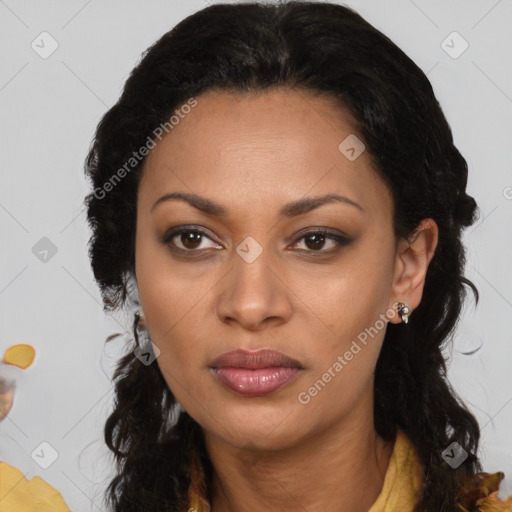 Joyful latino young-adult female with long  black hair and brown eyes