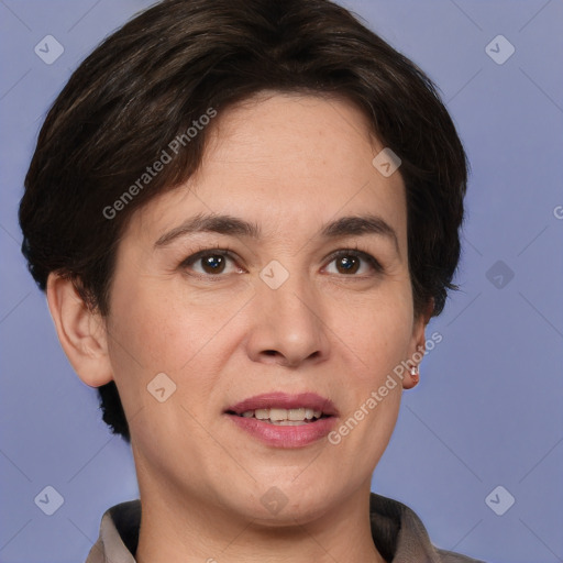 Joyful white adult female with short  brown hair and brown eyes