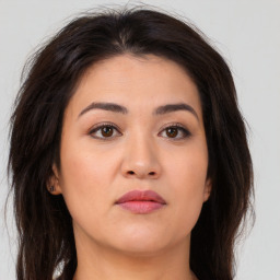 Neutral asian young-adult female with long  brown hair and brown eyes