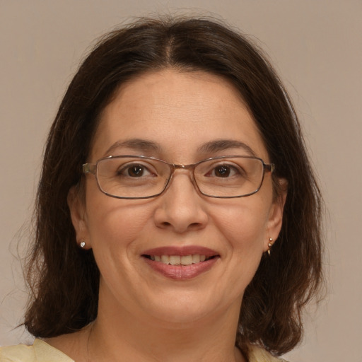 Joyful white adult female with medium  brown hair and brown eyes