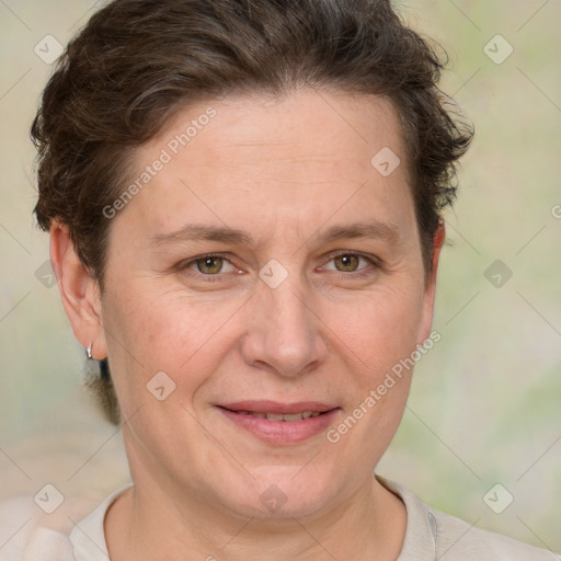 Joyful white adult female with short  brown hair and brown eyes