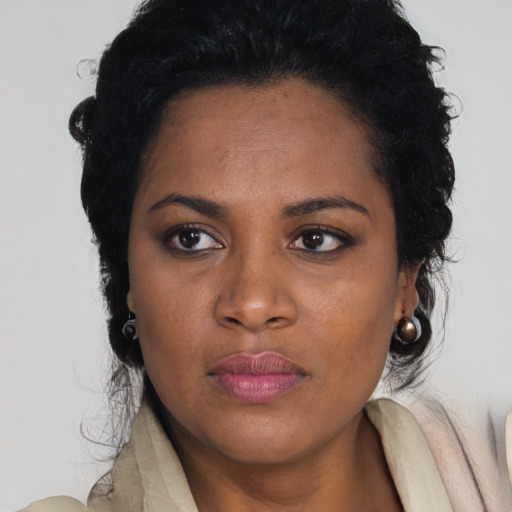 Neutral black young-adult female with long  brown hair and brown eyes