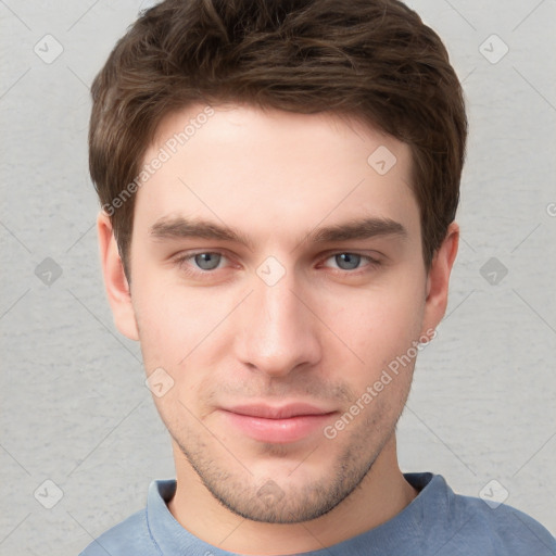 Neutral white young-adult male with short  brown hair and grey eyes