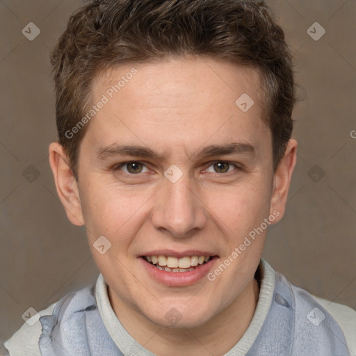 Joyful white adult male with short  brown hair and grey eyes