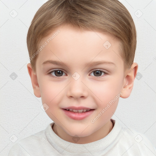 Joyful white child male with short  brown hair and brown eyes