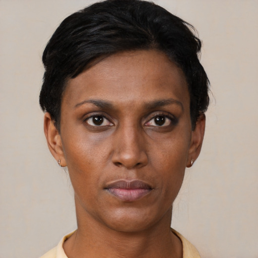 Neutral black young-adult female with short  black hair and brown eyes