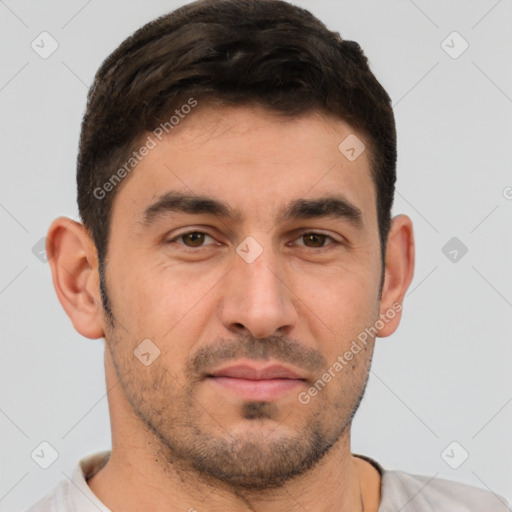 Joyful white young-adult male with short  brown hair and brown eyes