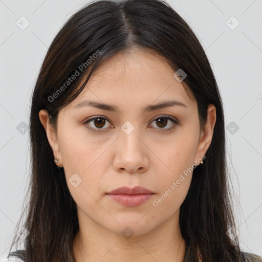 Neutral white young-adult female with long  brown hair and brown eyes