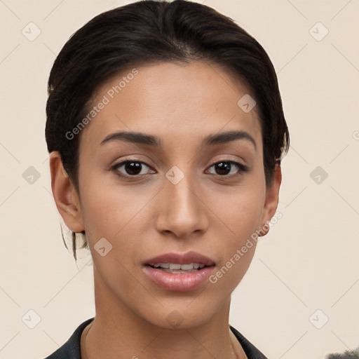 Joyful white young-adult female with short  brown hair and brown eyes