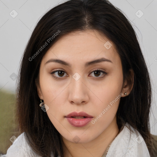 Neutral white young-adult female with long  brown hair and brown eyes