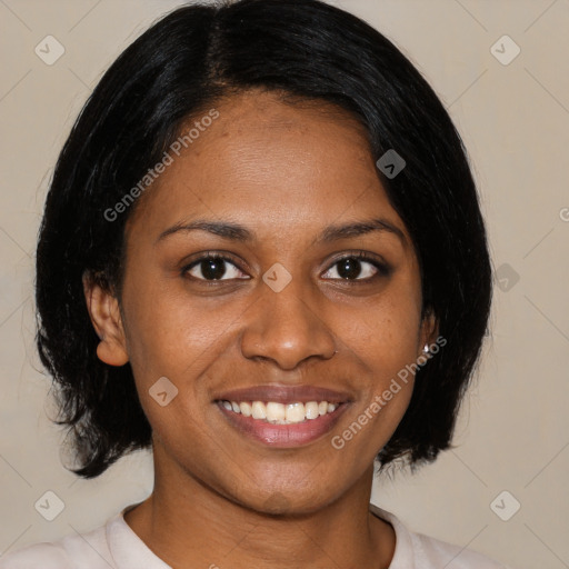 Joyful latino young-adult female with medium  black hair and brown eyes