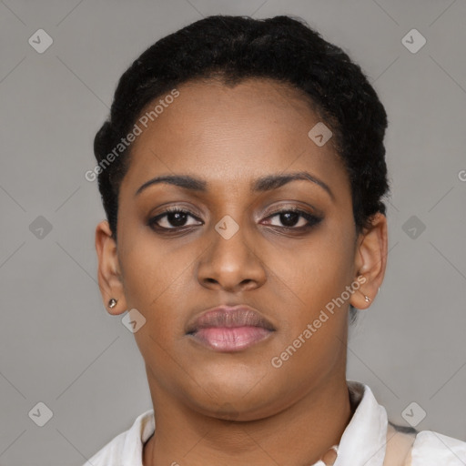 Neutral black young-adult female with short  black hair and brown eyes