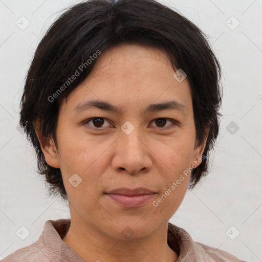 Joyful asian adult female with medium  brown hair and brown eyes