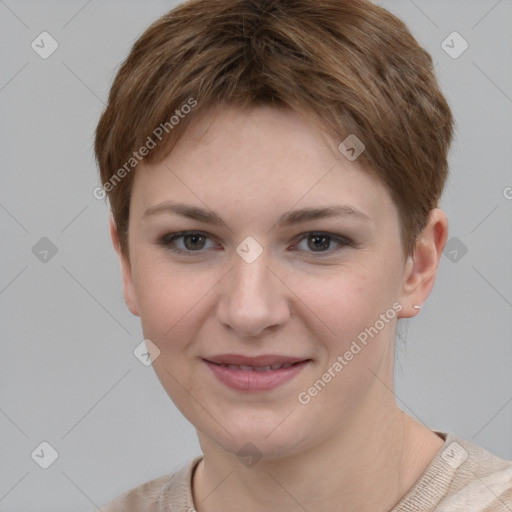 Joyful white young-adult female with short  brown hair and grey eyes