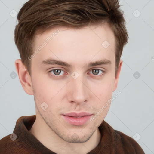 Neutral white young-adult male with short  brown hair and grey eyes