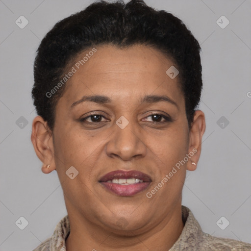 Joyful latino adult female with short  brown hair and brown eyes