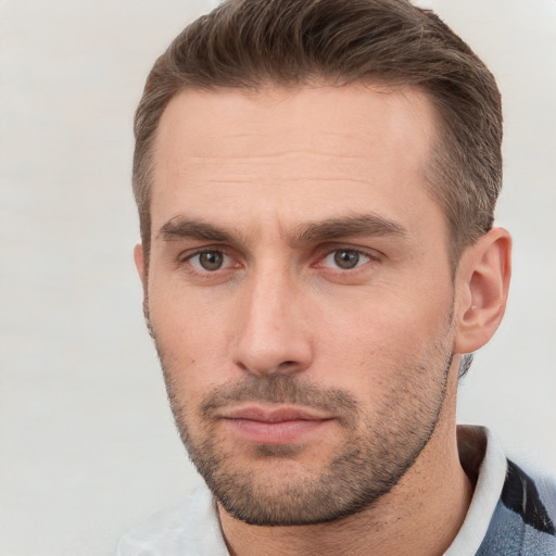 Neutral white young-adult male with short  brown hair and brown eyes